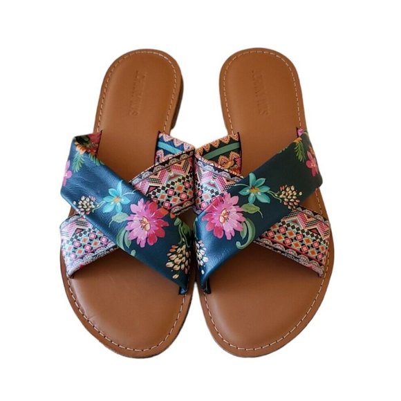 Johnny Was Shoes - Johnny Was Multi Sonoma Cross Sandal Leather Flats Slip Ons Slides Size 10M